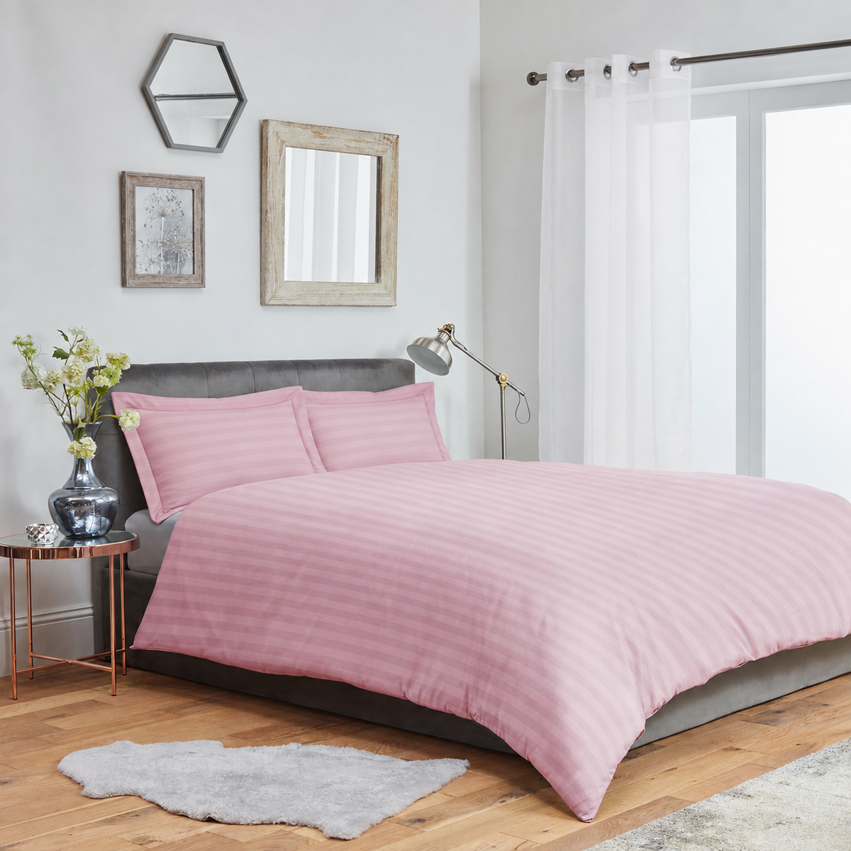 Striped Duvet Cover Bedding Set With Pillowcase (Pink)