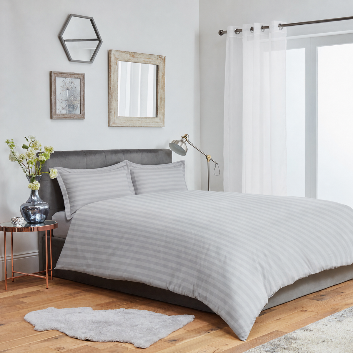 Striped Duvet Cover Bedding Set With Pillowcase (Silver)