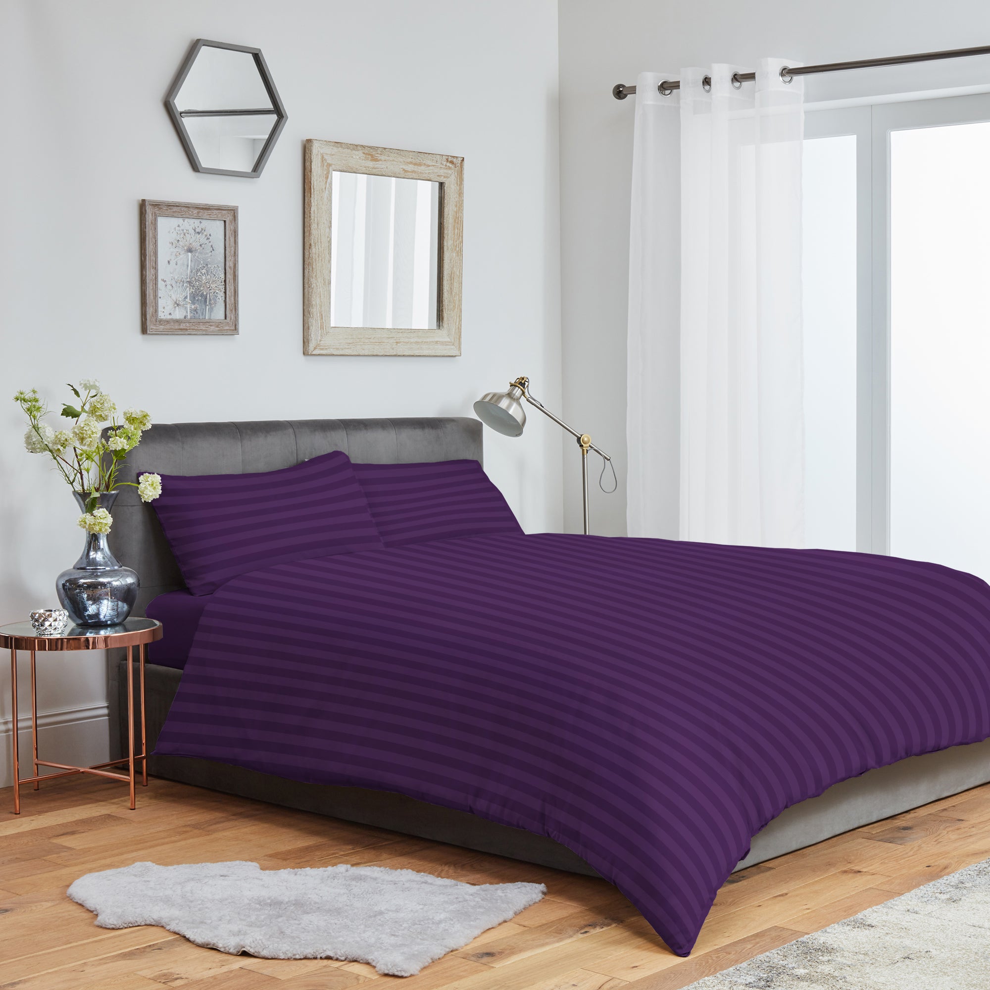 Striped Duvet Cover Bedding Set With Pillowcase (Aubergine)