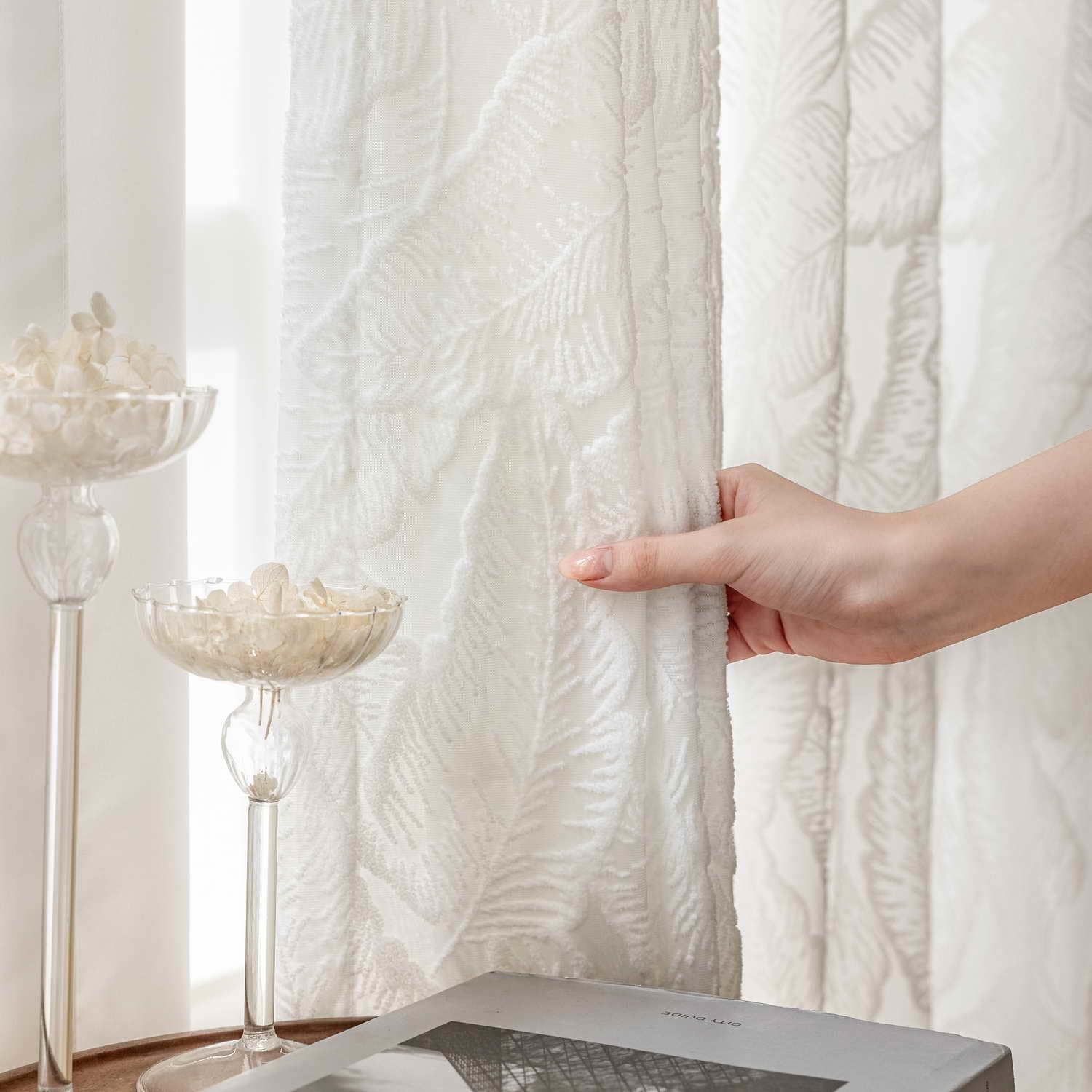 Eden Leaf Voile Eyelet Curtain Panel (White)