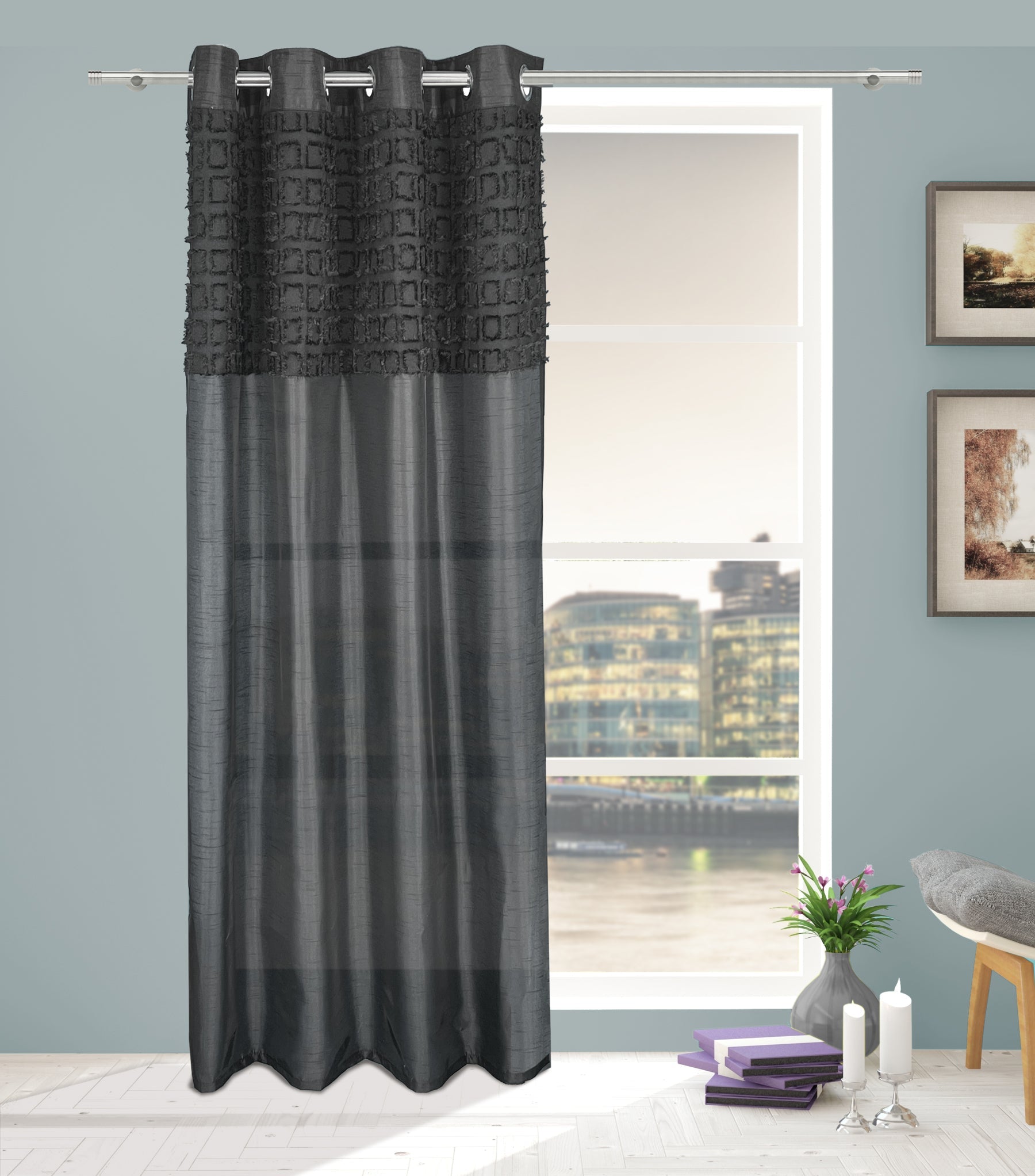 Elsa Black Faux Silk Eyelet Curtain Panel With Luxurious Fur Top