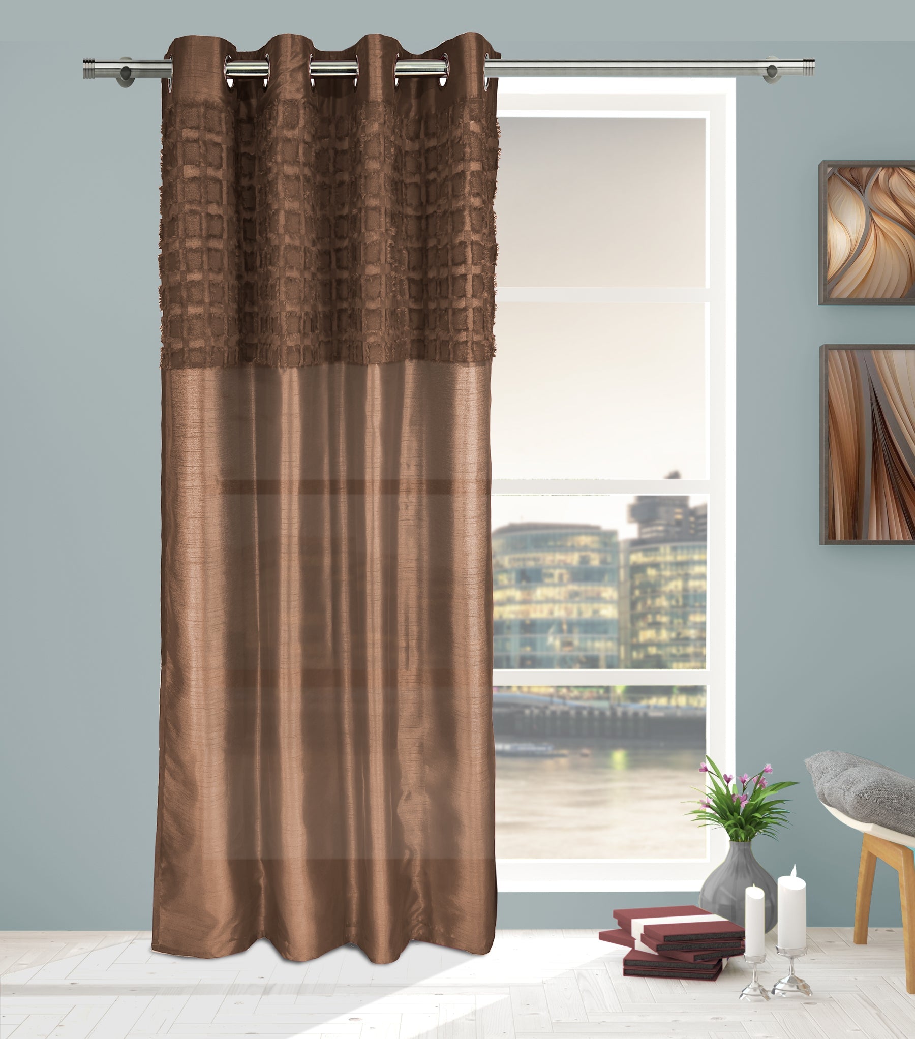 Elsa Mocha Faux Silk Eyelet Curtain Panel With Luxurious Fur Top