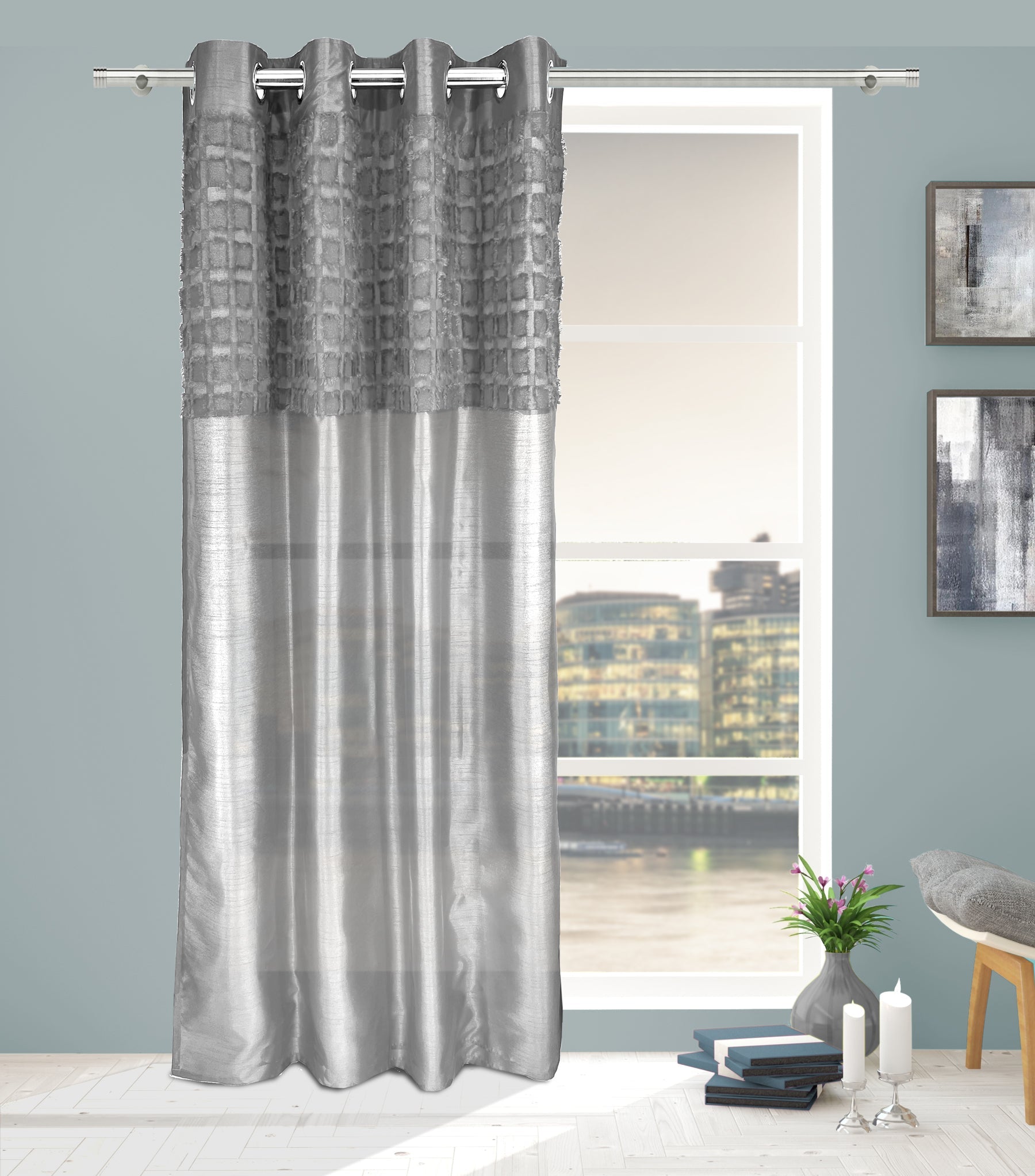 Elsa Silver Faux Silk Eyelet Curtain Panel With Luxurious Fur Top