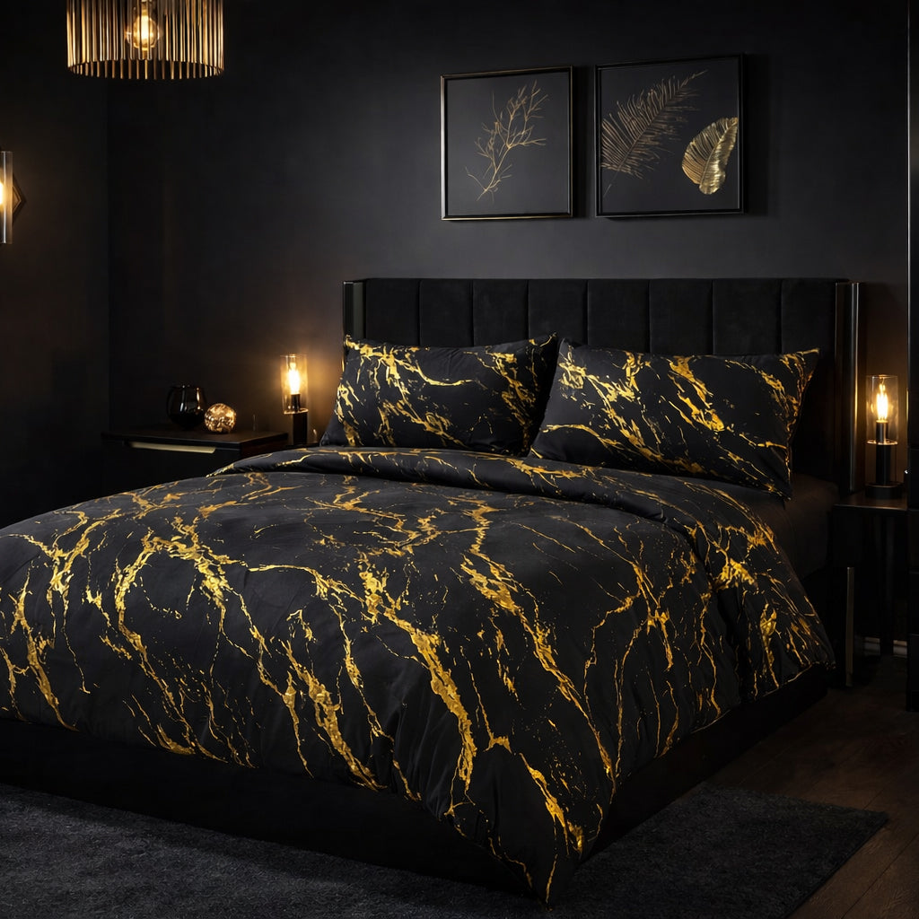 Elyse Duvet Cover Set Black With Gold Marble Foil Luxury Bedding Quilt Set (Black/Gold)