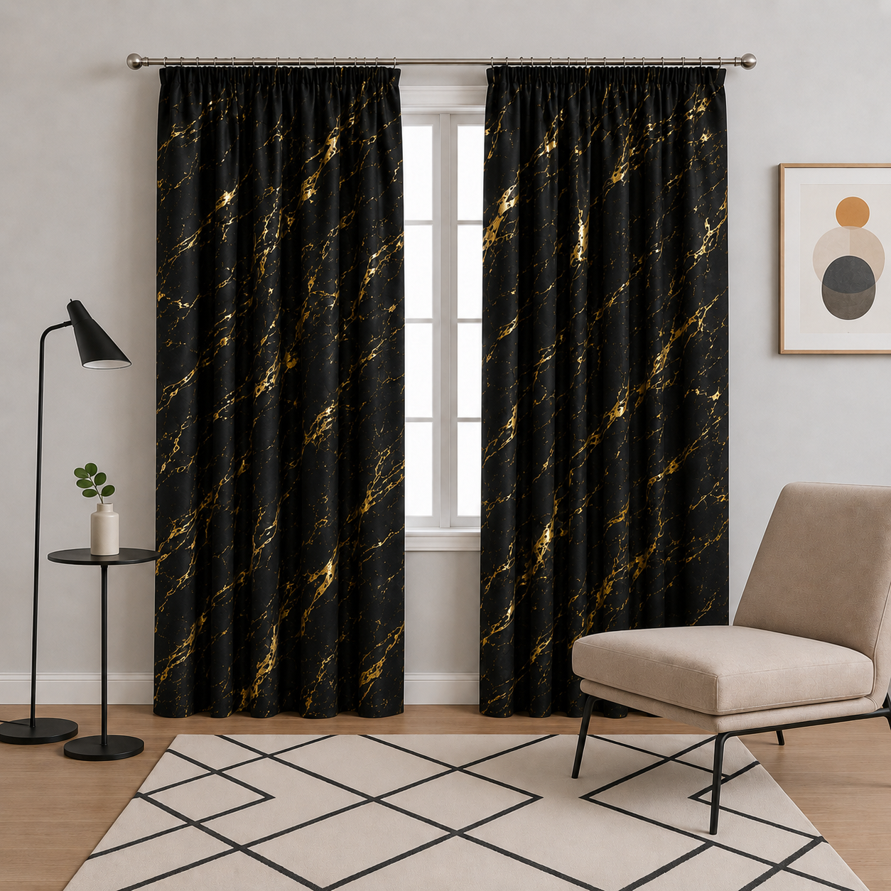Elyse Black Thermal Blackout Pencil Pleat Curtains With Gold Foil (Black/Gold)