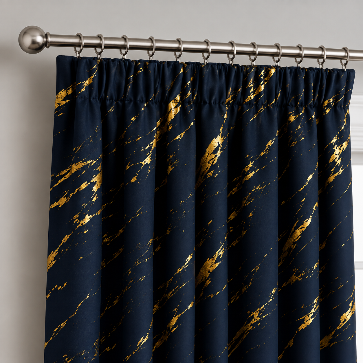 Elyse Navy Thermal Blackout Pencil Pleat Curtains With Gold Foil (Navy/Gold)