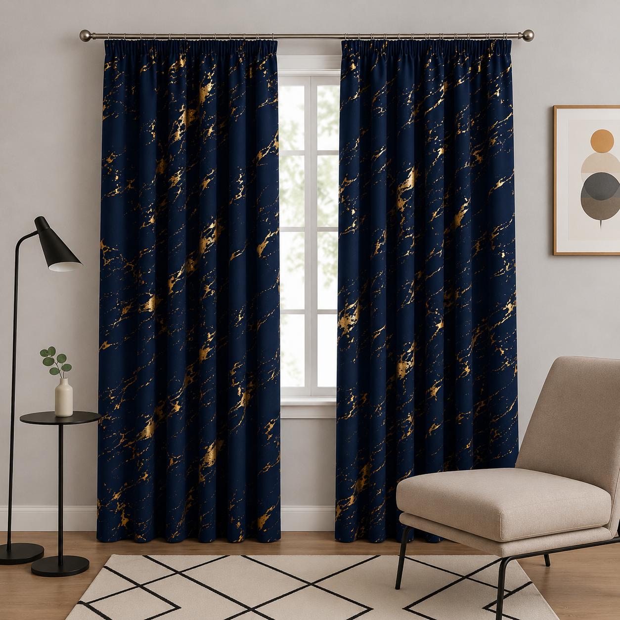 Elyse Navy Thermal Blackout Pencil Pleat Curtains With Gold Foil (Navy/Gold)