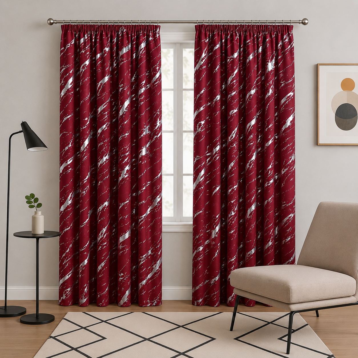 Elyse Red Thermal Blackout Pencil Pleat Curtains With Silver Foil (Red/Silver)