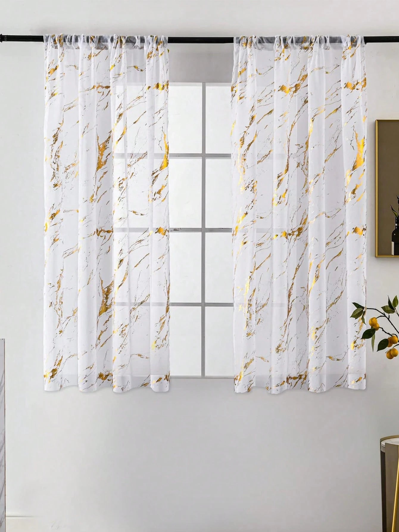Elyse Marble Design Slot Top Voile Panel With Gold Foil