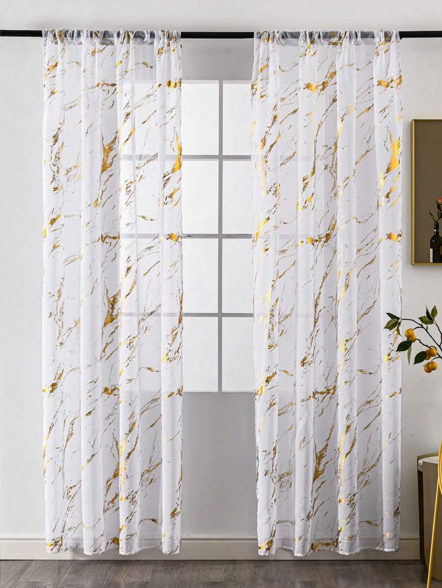 Elyse Marble Design Slot Top Voile Panel With Gold Foil