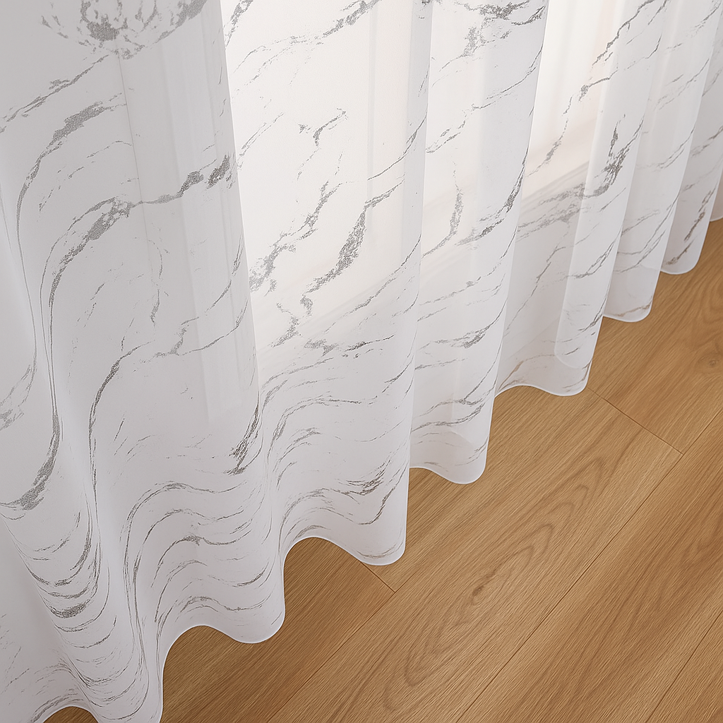 Elyse Marble Design Slot Top Voile Panel With Silver Foil