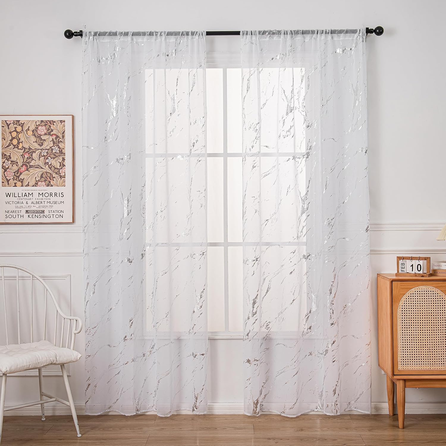 Elyse Marble Design Slot Top Voile Panel With Silver Foil