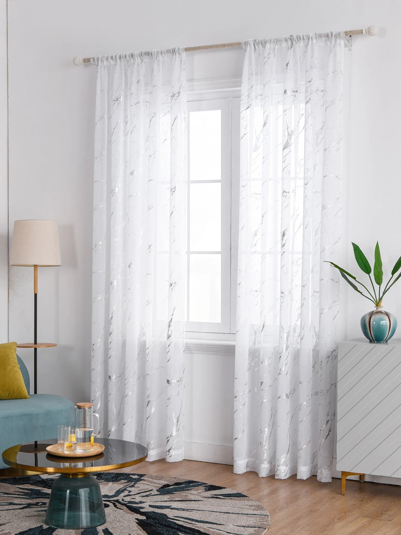Elyse Marble Design Slot Top Voile Panel With Silver Foil