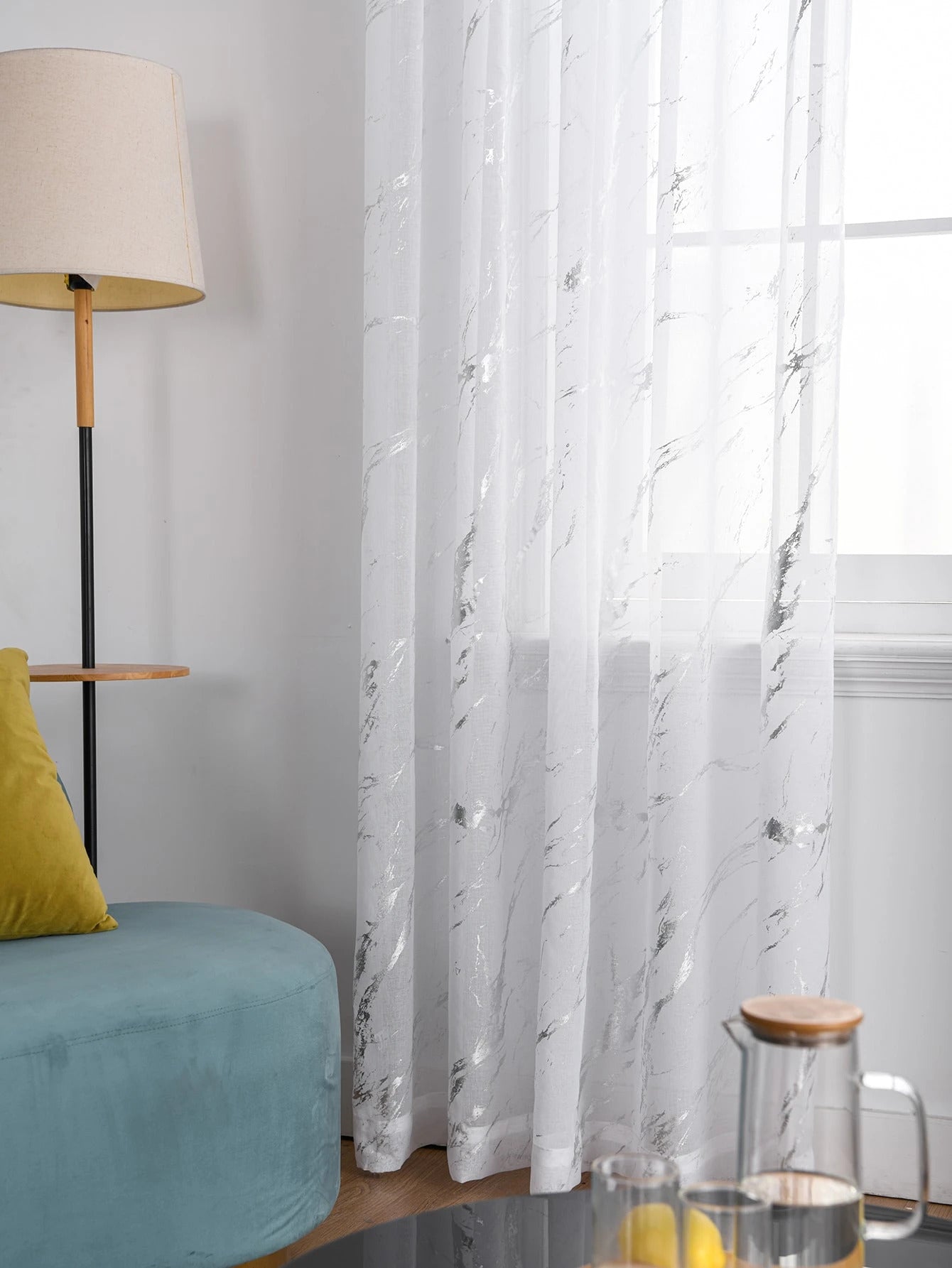 Elyse Marble Design Slot Top Voile Panel With Silver Foil