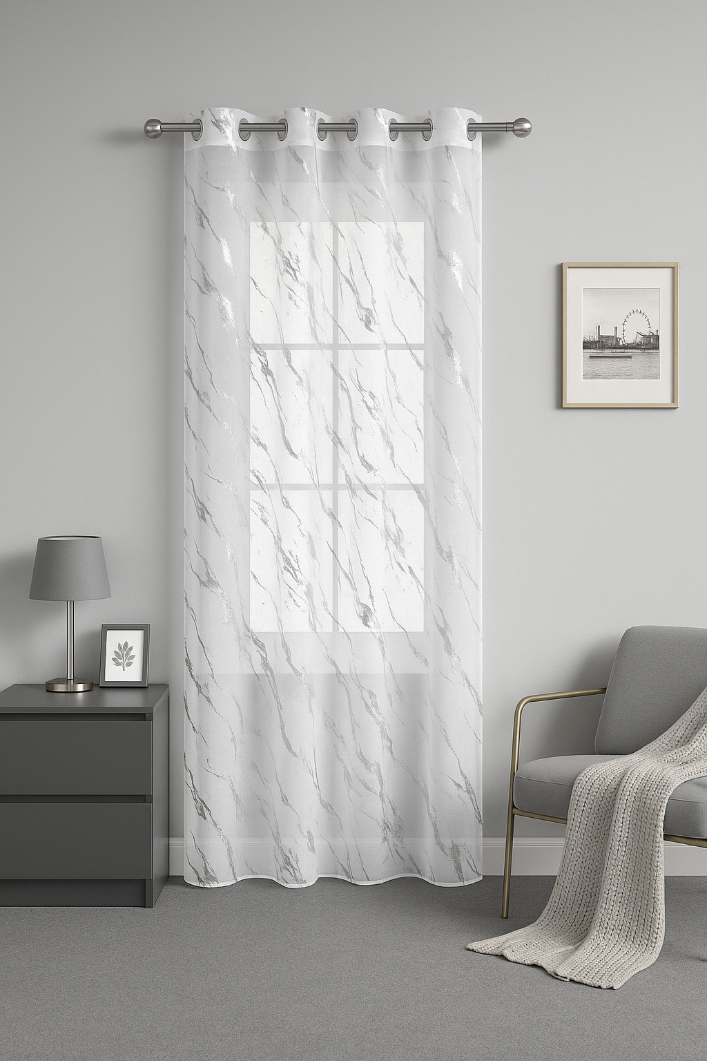 Elyse Marble Design Eyelet Voile Panel With Silver Foil