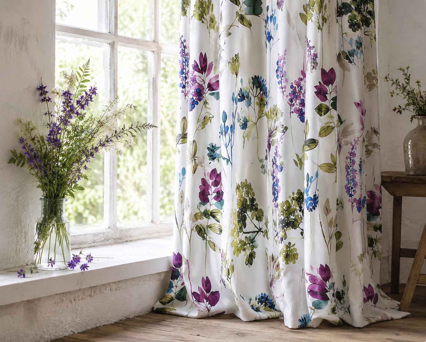 Emma Floral Botanical Eyelet Thermal Curtains Watercolour Print Ready Made Pair