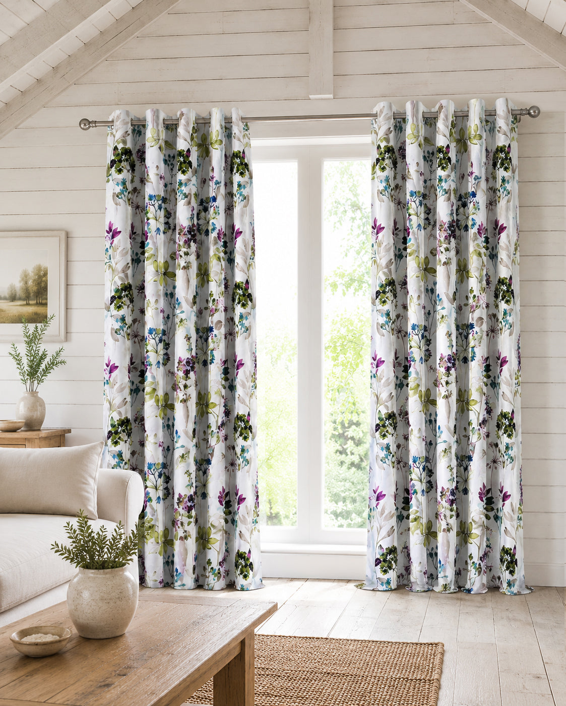 Emma Floral Botanical Eyelet Thermal Curtains Watercolour Print Ready Made Pair