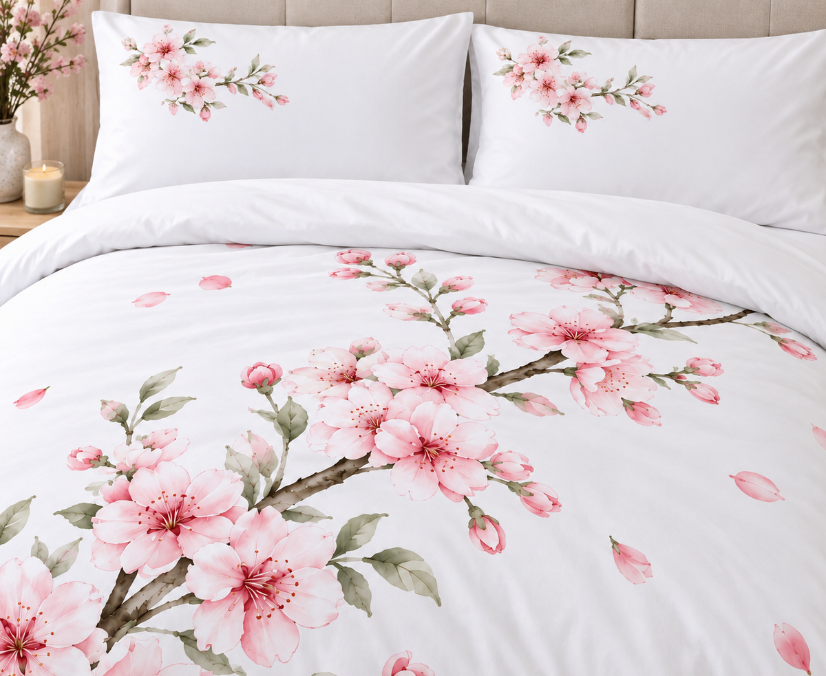 Floral Digital Print Duvet Cover Set (Pink Blossom & White)