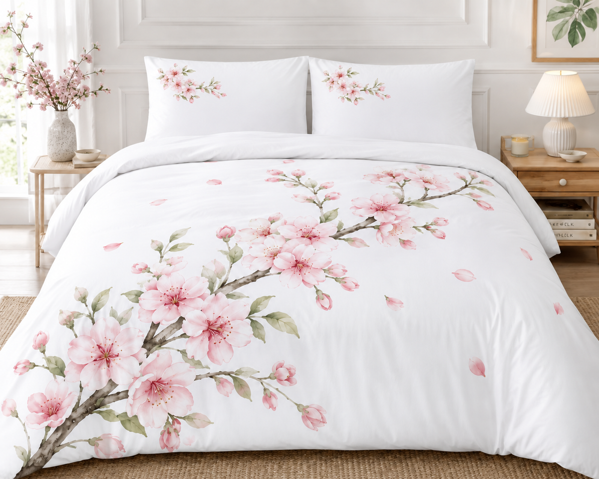 Floral Digital Print Duvet Cover Set (Pink Blossom & White)