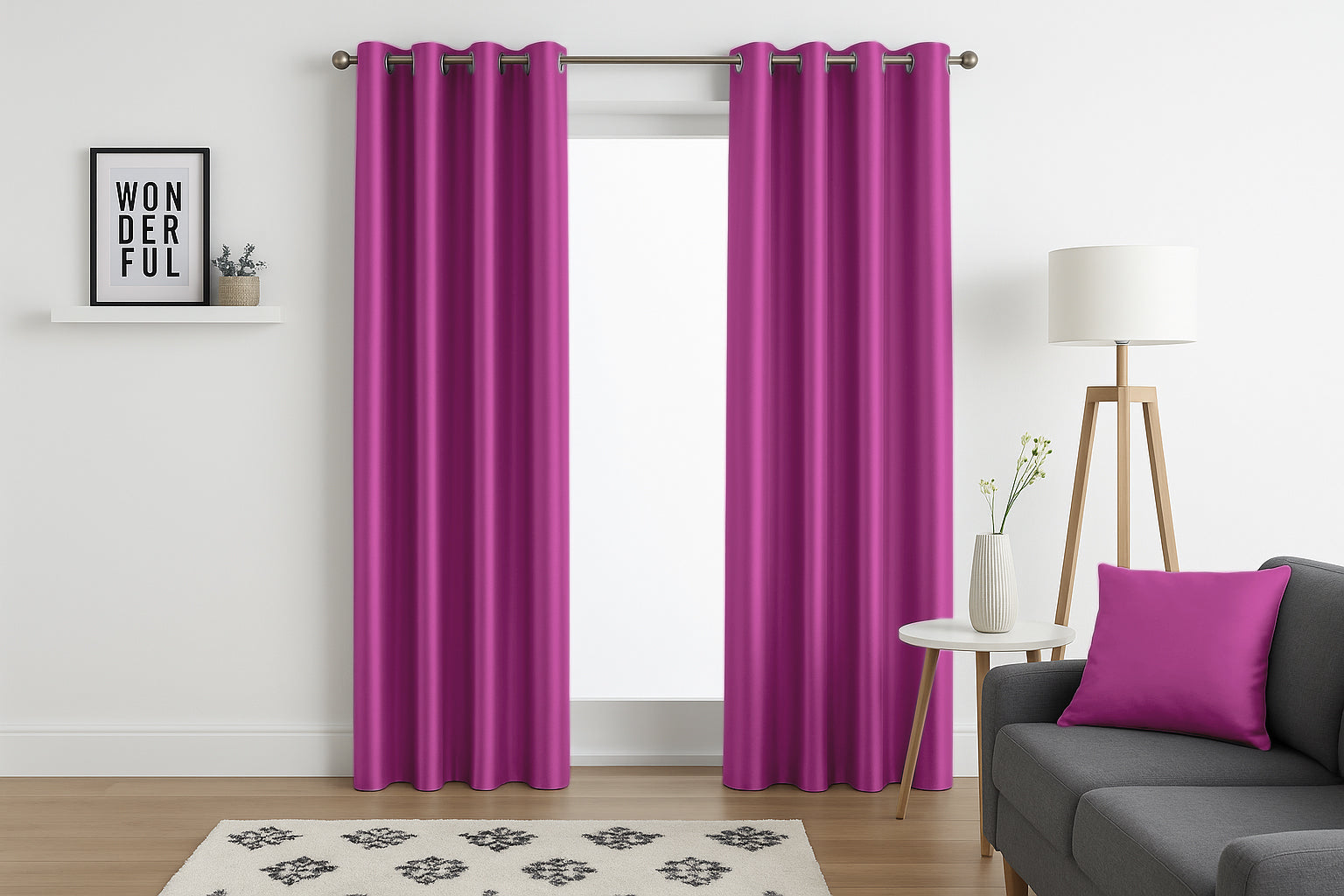 Faux Silk Eyelet Fully Lined Curtains (Fuchsia)