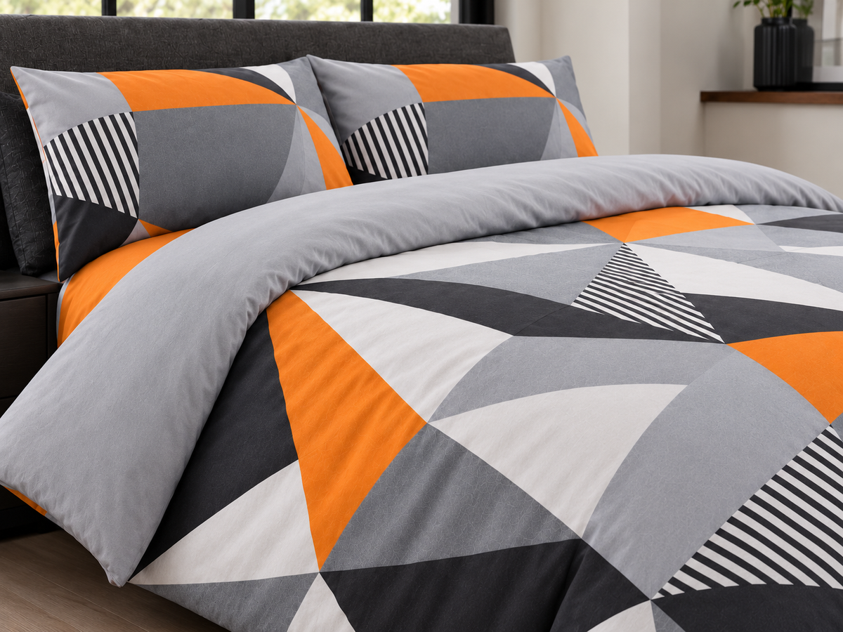 Geometric Digital Print Duvet Cover Set (Orange, Grey & Black)