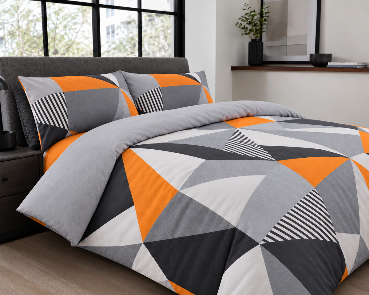 Geometric Digital Print Duvet Cover Set (Orange, Grey & Black)