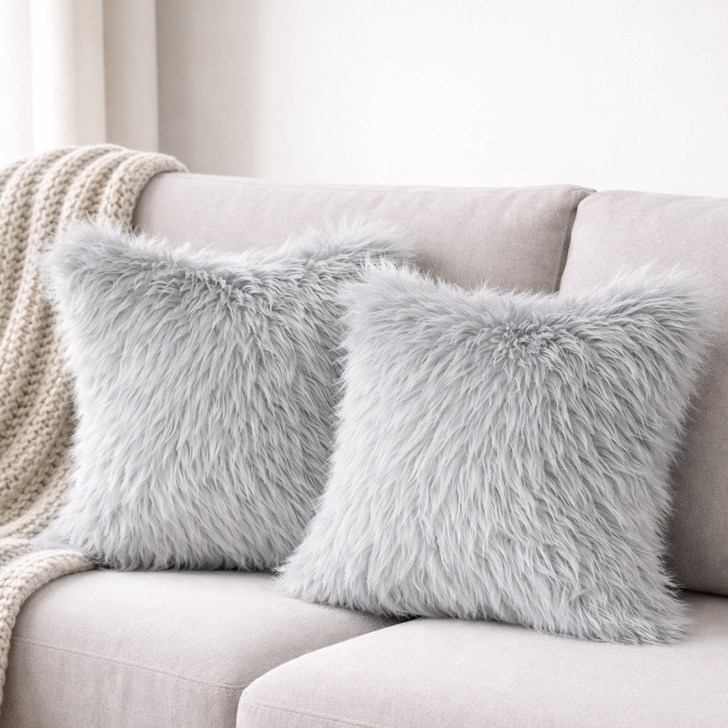 Set Of 2 Fluffy Faux Fur Shaggy Long Pile Decorative Pillow Cases (Multiple Colours, 45cm x 45cm)