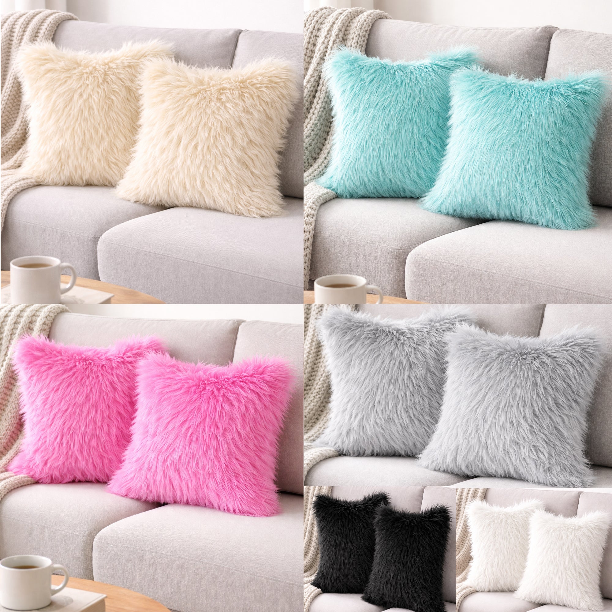 Set Of 2 Fluffy Faux Fur Shaggy Long Pile Decorative Pillow Cases (Multiple Colours, 45cm x 45cm)