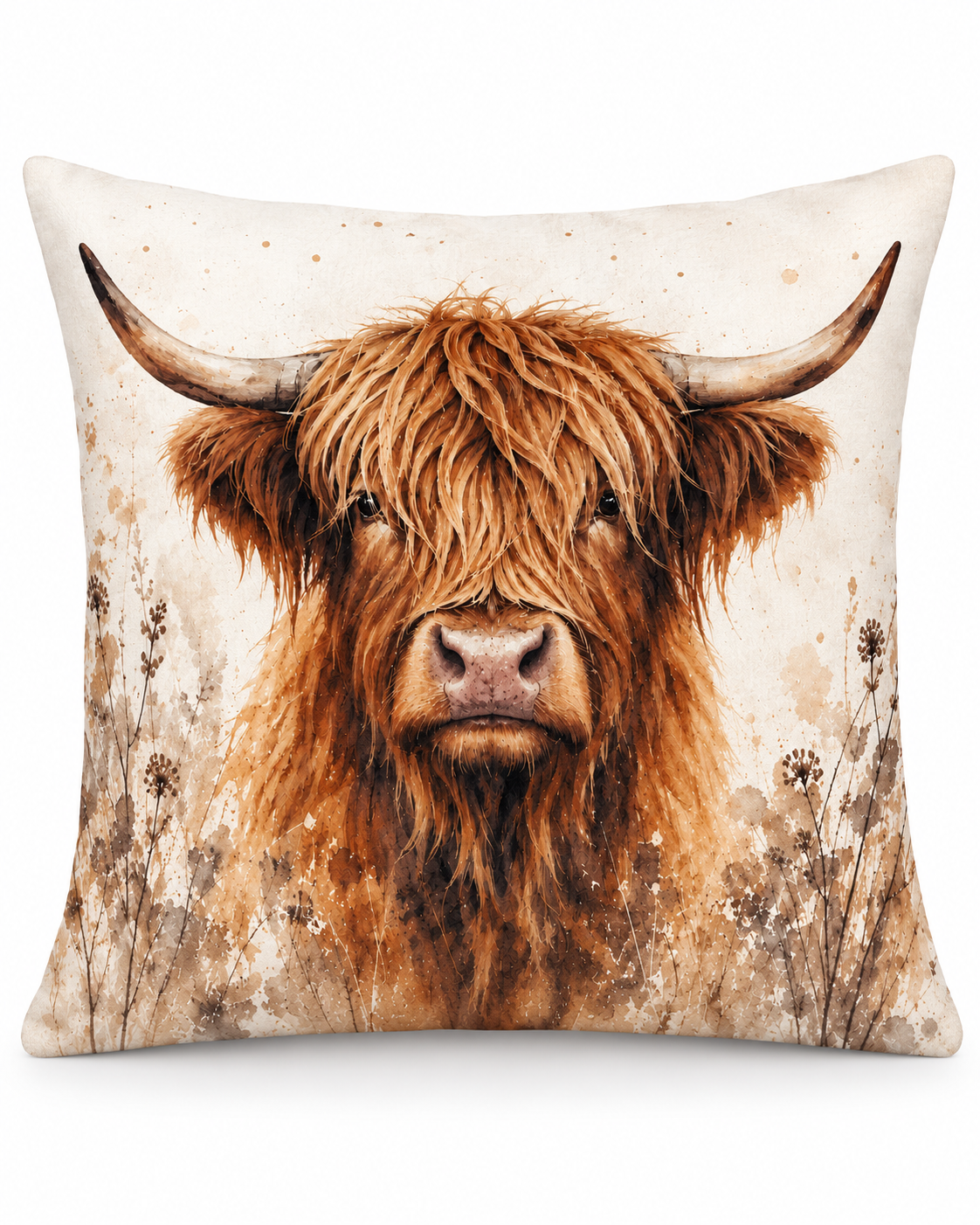 Highland Cow Print Cushion Cover – Rust Brown & Cream Watercolour-Style Design – 18" × 18"