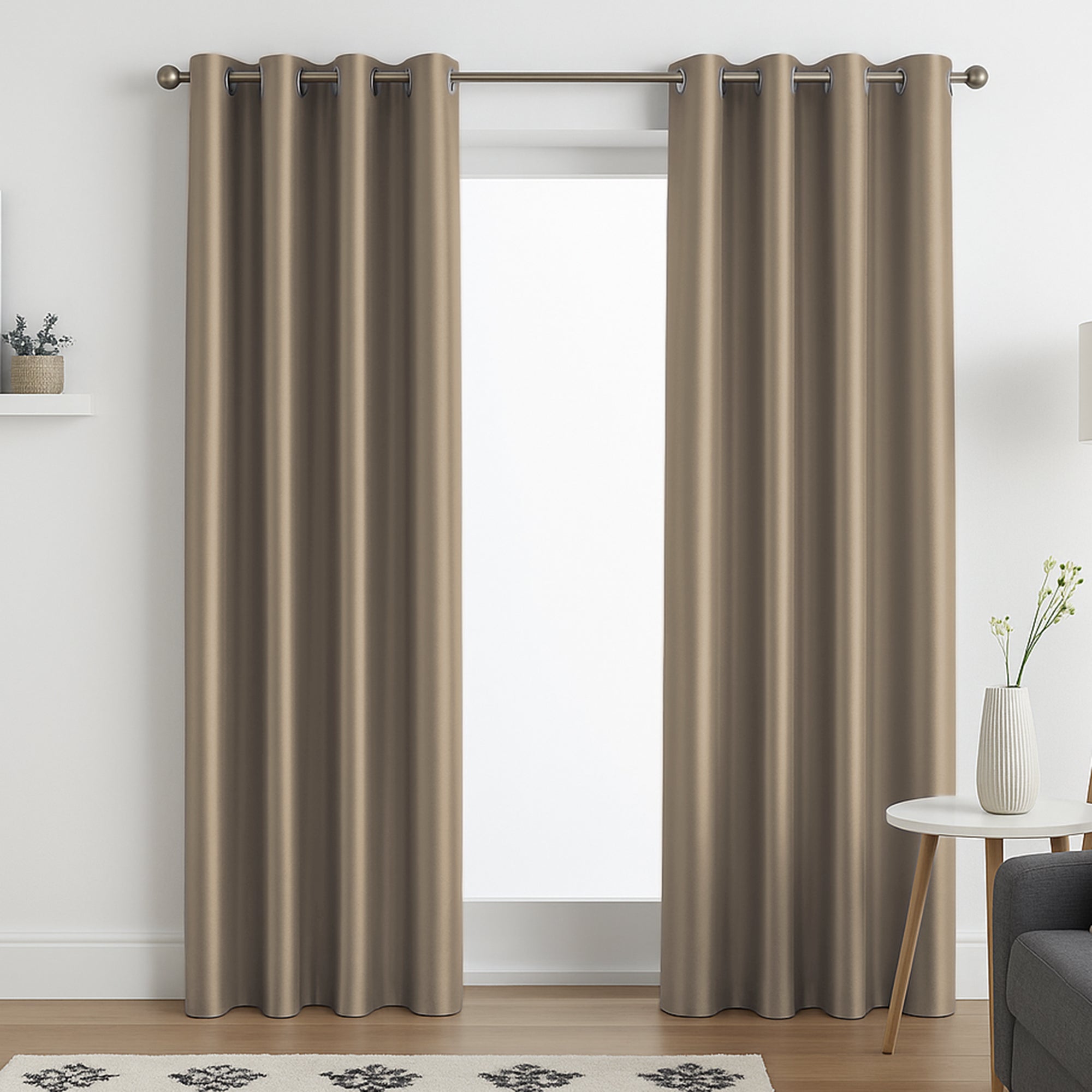 Faux Silk Eyelet Fully Lined Curtains (Latte)