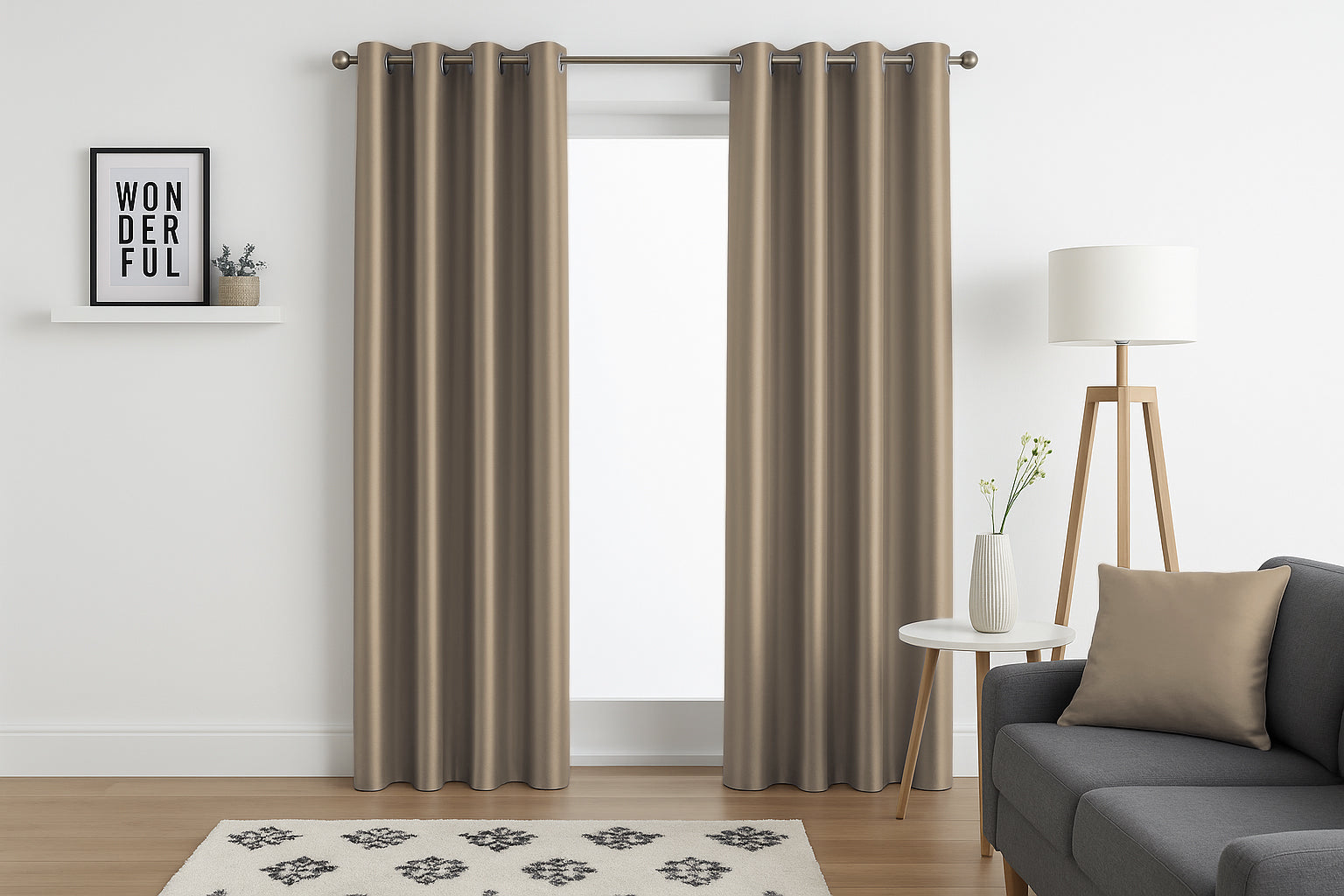 Faux Silk Eyelet Fully Lined Curtains (Latte)