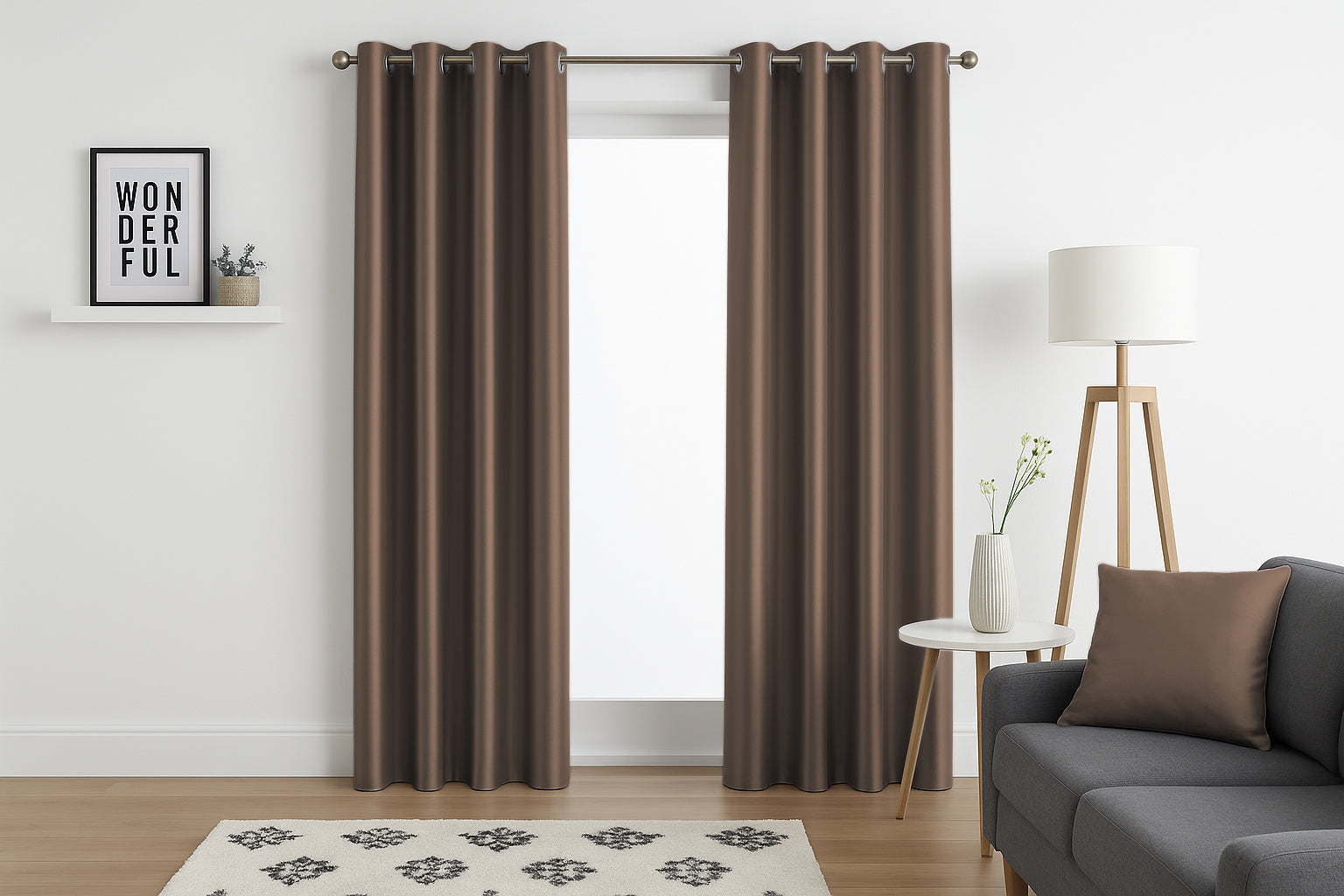 Faux Silk Eyelet Fully Lined Curtains (Mocha)