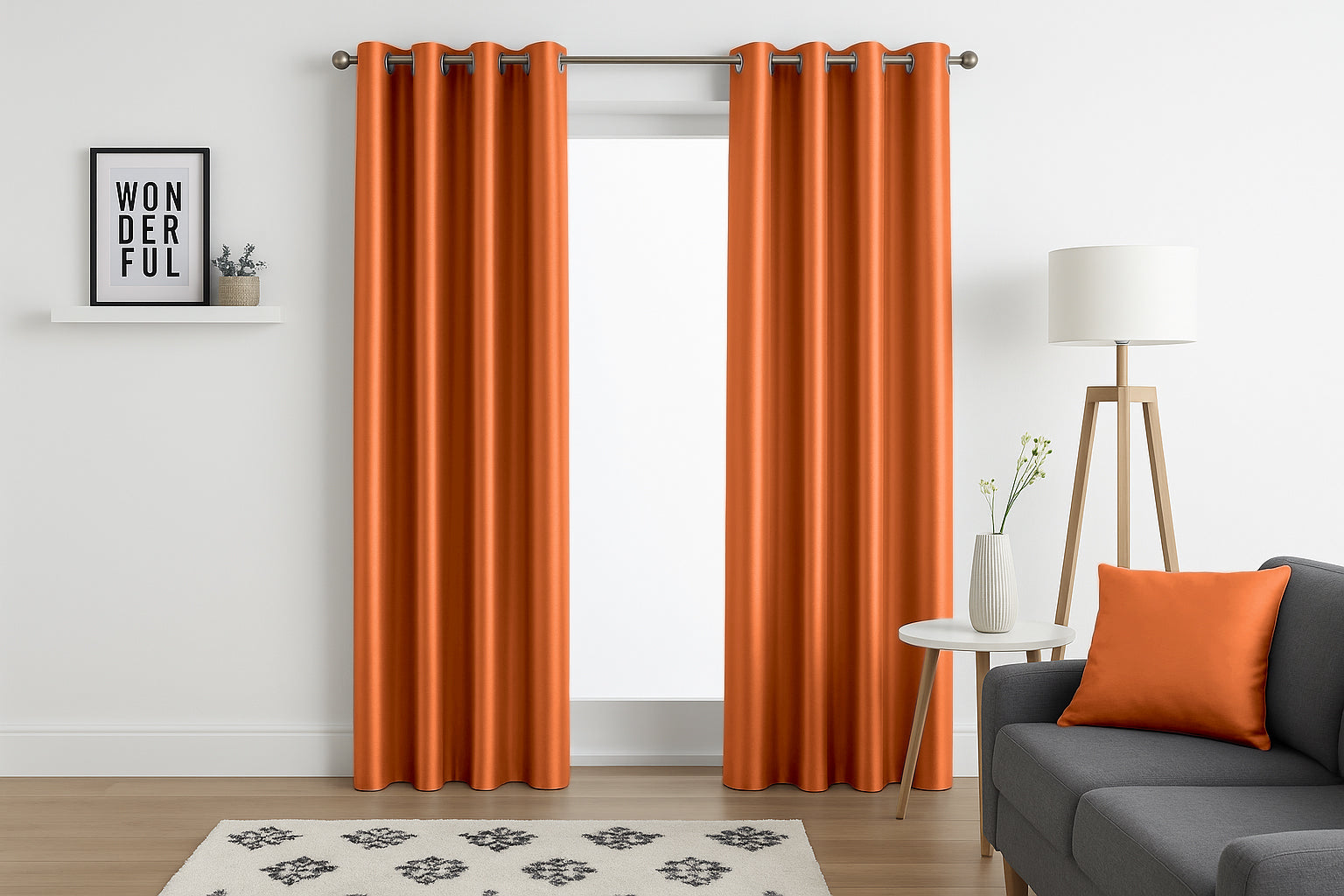 Faux Silk Eyelet Fully Lined Curtains (Orange)
