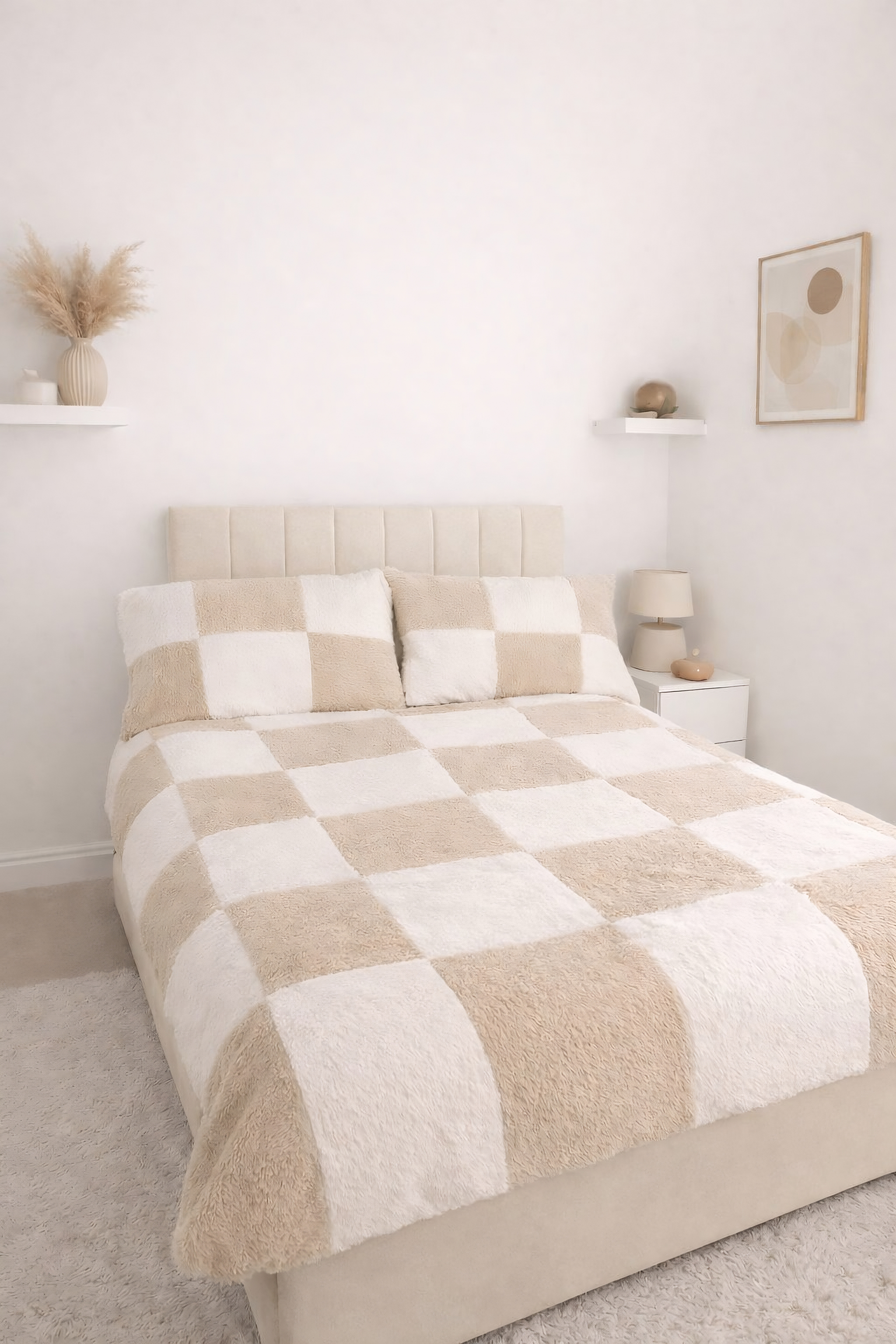 Teddy Fleece Checked Square Duvet Cover And Pillowcase Set (Cream/White)