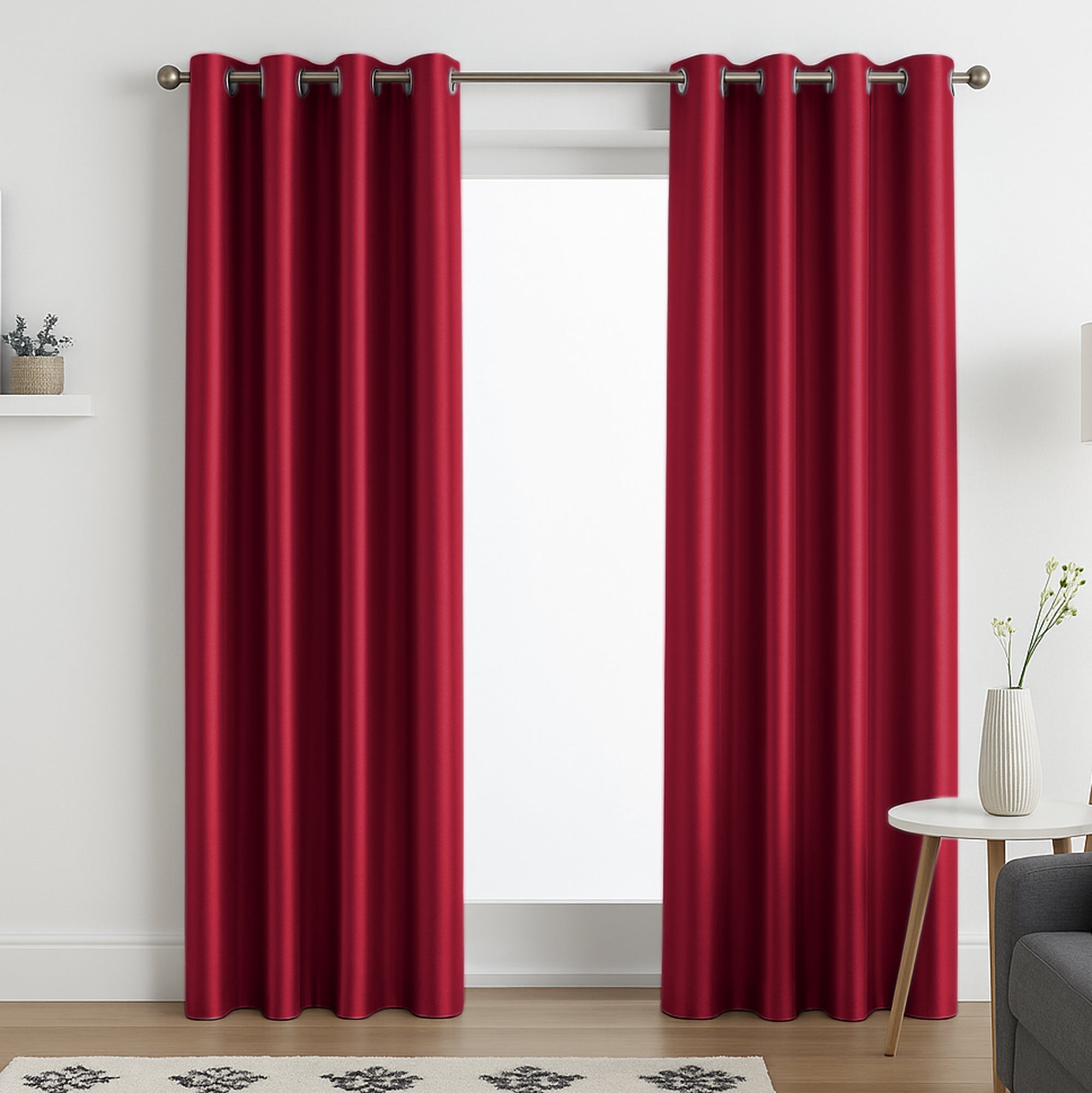 Faux Silk Eyelet Fully Lined Curtains (Red)