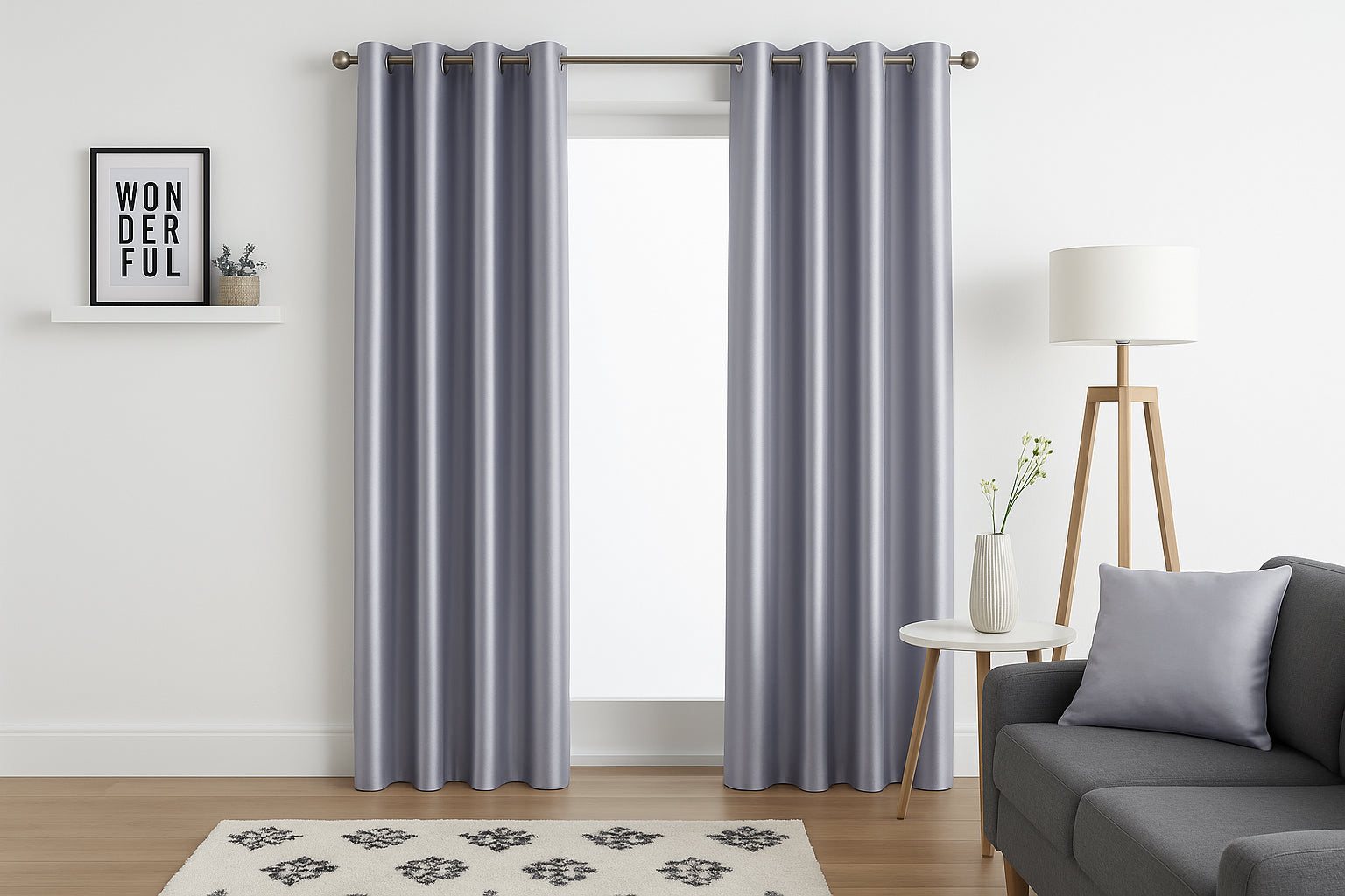 Faux Silk Eyelet Fully Lined Curtains (Silver)