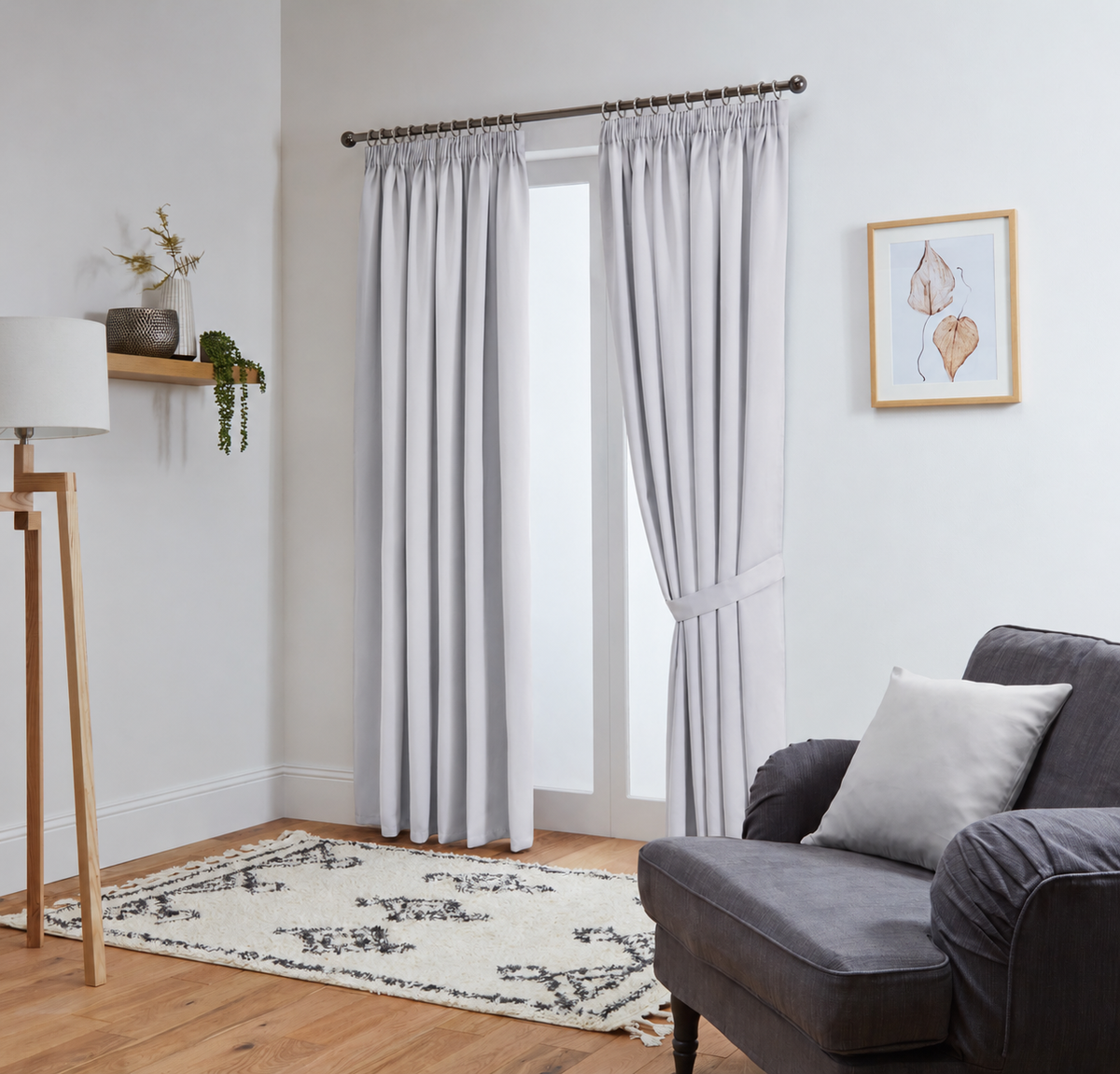 Thermal Blackout Ready Made Pencil Pleat Tape Top Curtains + Tie Backs (Light Silver/White)