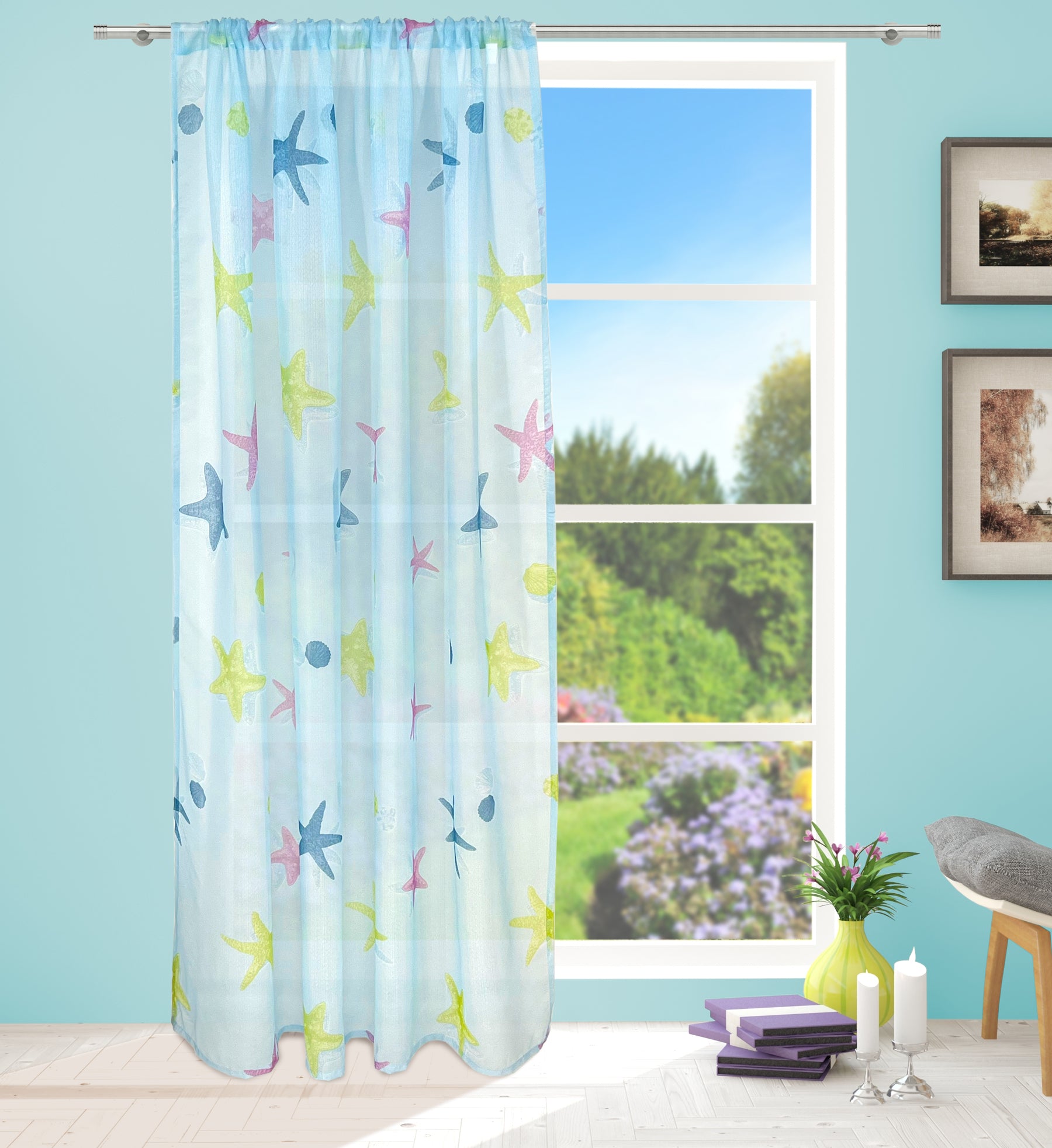 Starfish Voile Panel With Rod Slot (Blue)