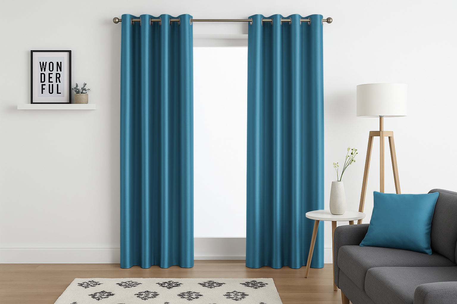 Faux Silk Eyelet Fully Lined Curtains (Teal)
