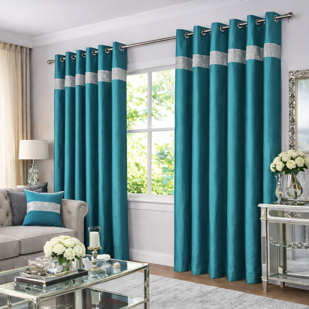 Lined Faux Silk Diamante Eyelet Curtains – Ready Made (Teal)