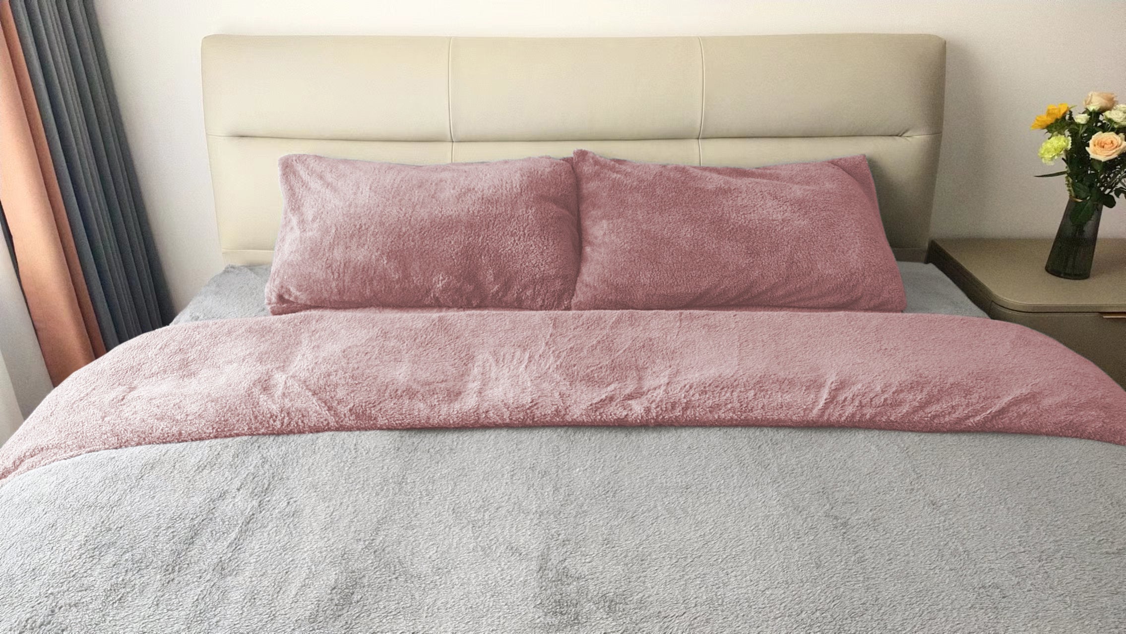 Teddy Fleece Duvet Cover And Pillowcase Set (Blush Pink/Silver)