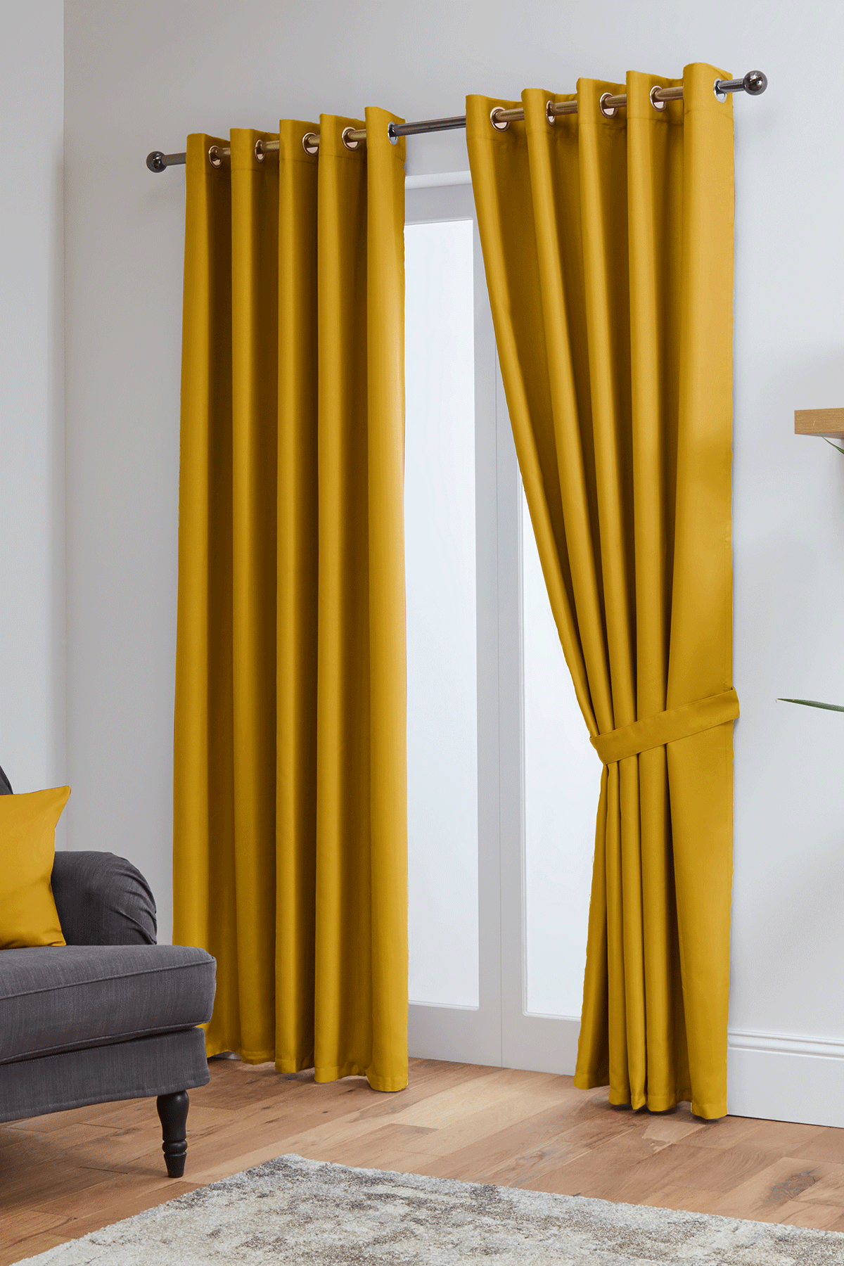 Thermal Blackout Ready Made Eyelet Curtains + Tie Backs (Ochre)