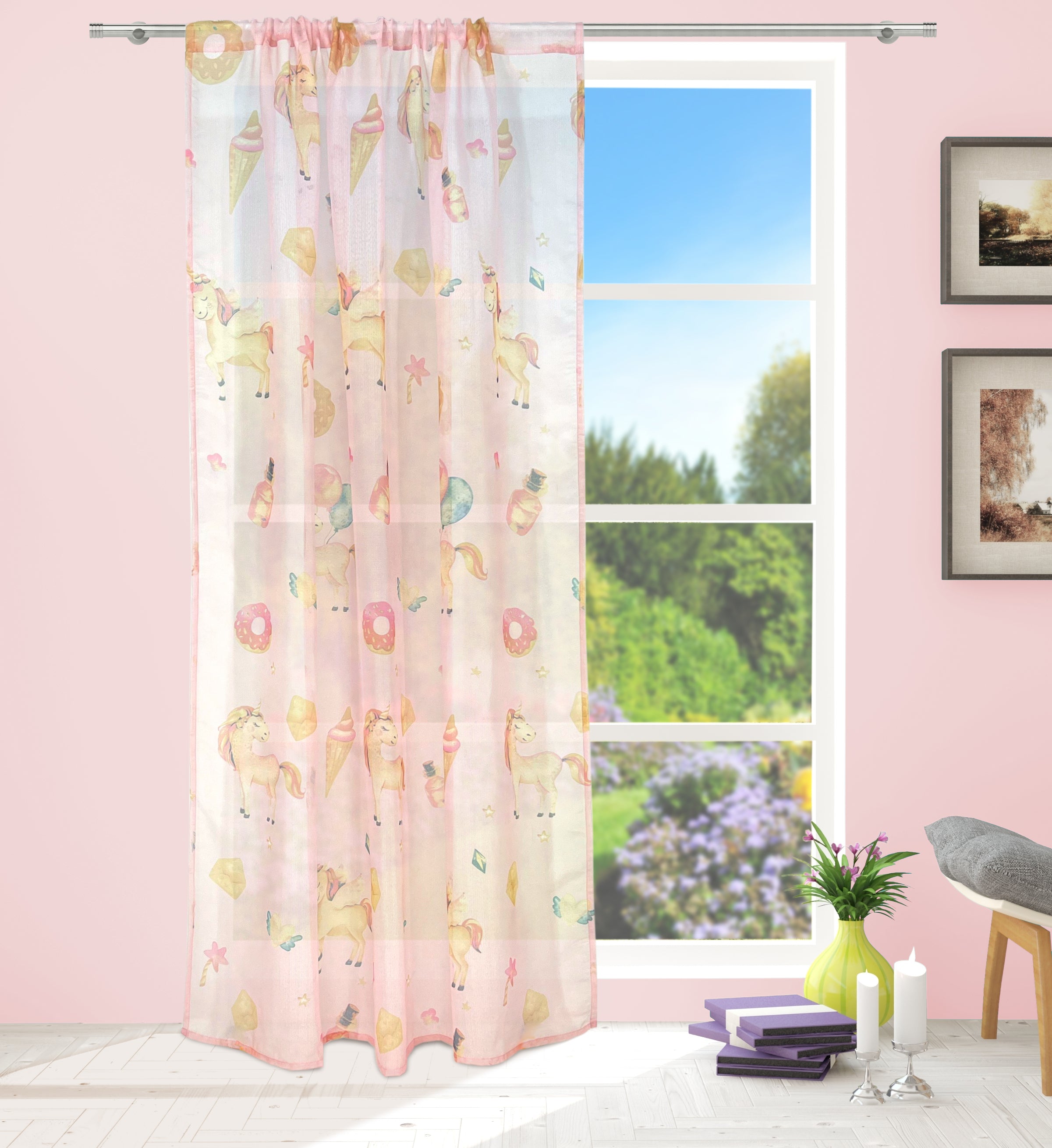 Unicorn Voile Panel With Rod Slot (Pink)
