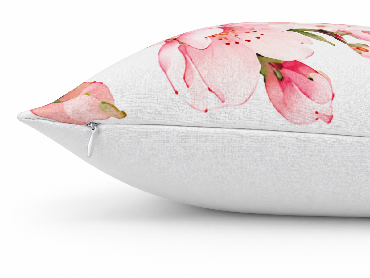Cherry Blossom Print Cushion Cover – Pink & White Watercolour - Style Floral Design – 18" × 18"