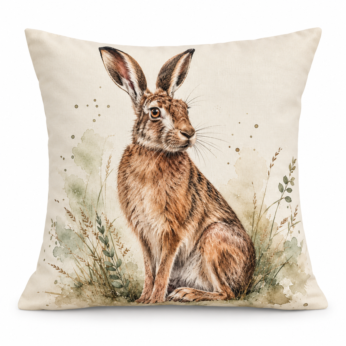 Hare Print Cushion Cover – Watercolour - Style Meadow Wildlife Design – Brown, Sage & Cream – 18" × 18"