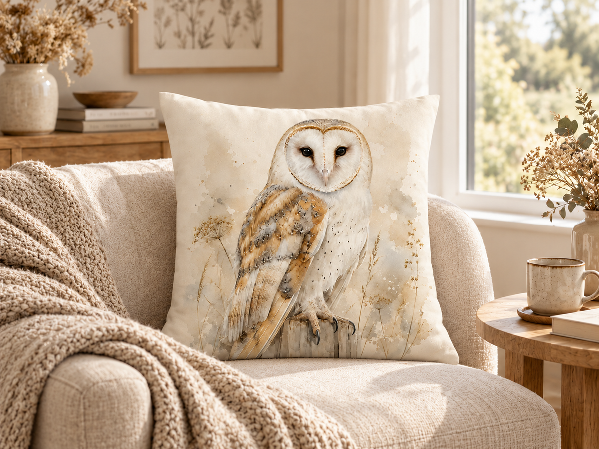 Barn Owl Print Cushion Cover – Watercolour - Style Wildlife Design – Cream & Golden Brown – 18" × 18"