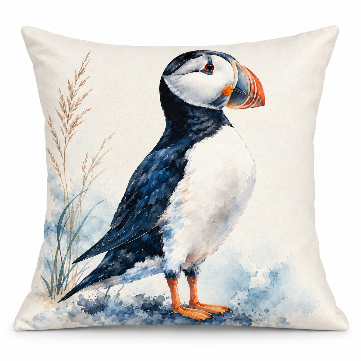 Puffin Print Cushion Cover – Watercolour - Style Coastal Bird Design – Blue & Cream – 18" × 18"