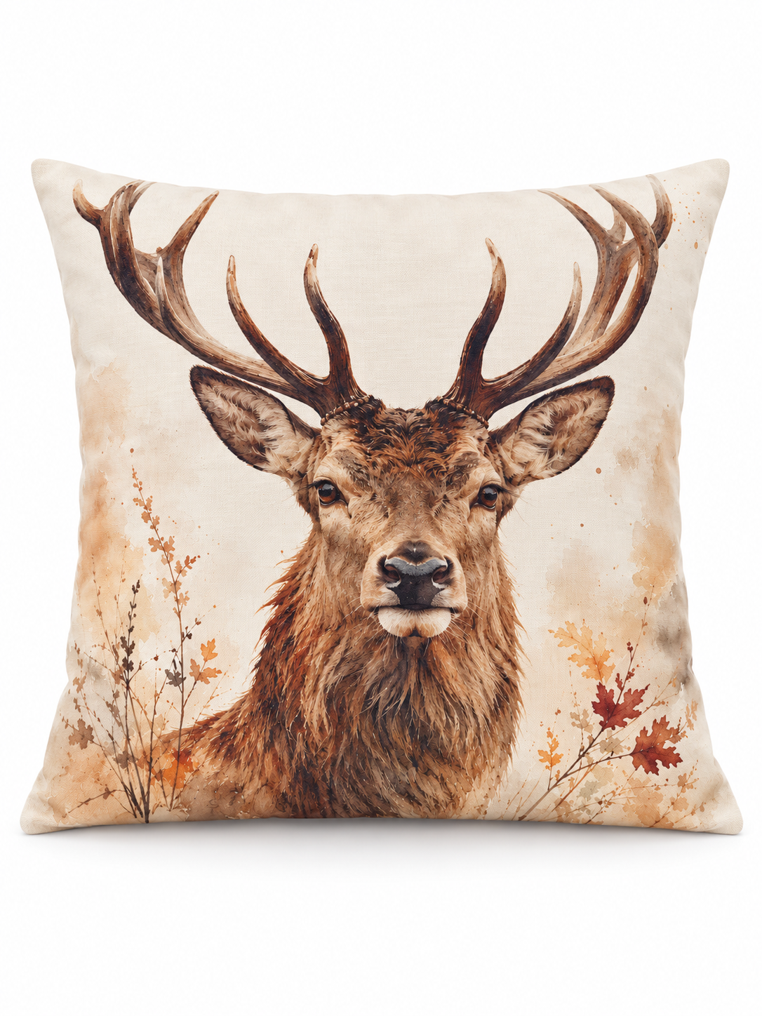 Stag Print Cushion Cover – Watercolour - Style Woodland Design – Rust, Brown & Cream – 18" × 18"