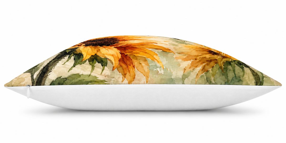 Bumblebee & Sunflower Print Cushion Cover – Watercolour - Style Floral Design – Yellow & Cream – 18" × 18"
