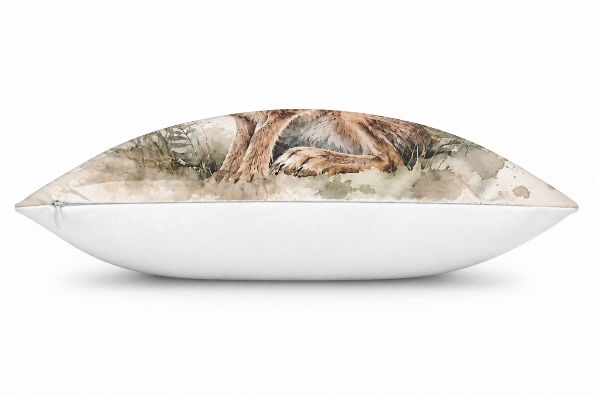 Hare Print Cushion Cover – Watercolour - Style Meadow Wildlife Design – Brown, Sage & Cream – 18" × 18"
